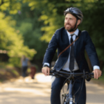 un uomo d'affari in bici con caschetto