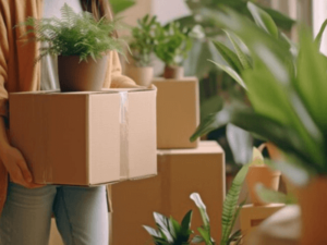 una persona porta degli scatoloni con con piante
