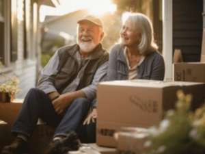 una coppia anziana sorridente tra gli scatoloni