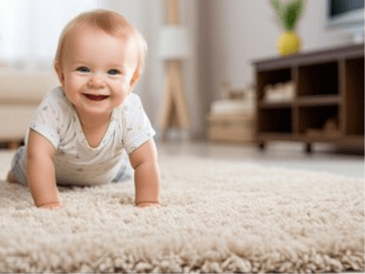 un bambino che gattona sorridente su un tappeto